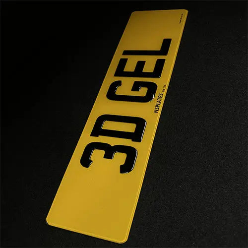 3D Gel Number Plate: Close-up view of a three-dimensional gel license plate with raised letters and numbers.