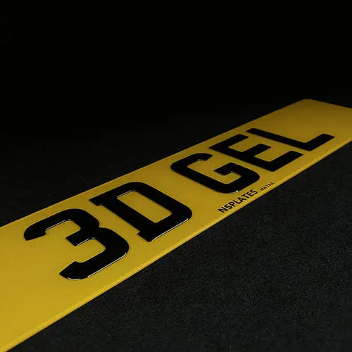 3D Gel Number Plate: Close-up view of a three-dimensional gel license plate with raised letters and numbers.