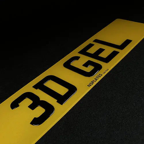 3D Gel Number Plate: Close-up view of a three-dimensional gel license plate with raised letters and numbers.