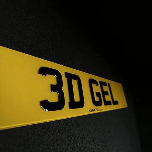 3D Gel Number Plate: Close-up view of a three-dimensional gel license plate with raised letters and numbers.